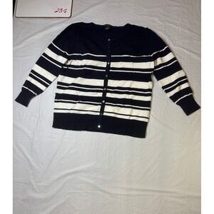 Blue White Striped Cardigan Nue Options Sweater Long Sleeve Button Front Women's